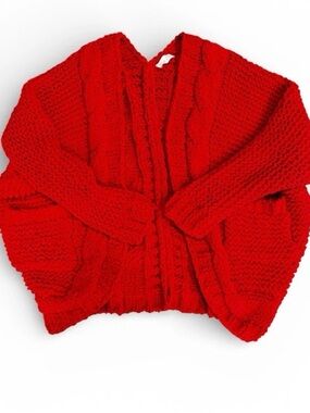 Pink Lily Red Chunky Cable Knit Cropped Cardigan Sweater Womens Medium